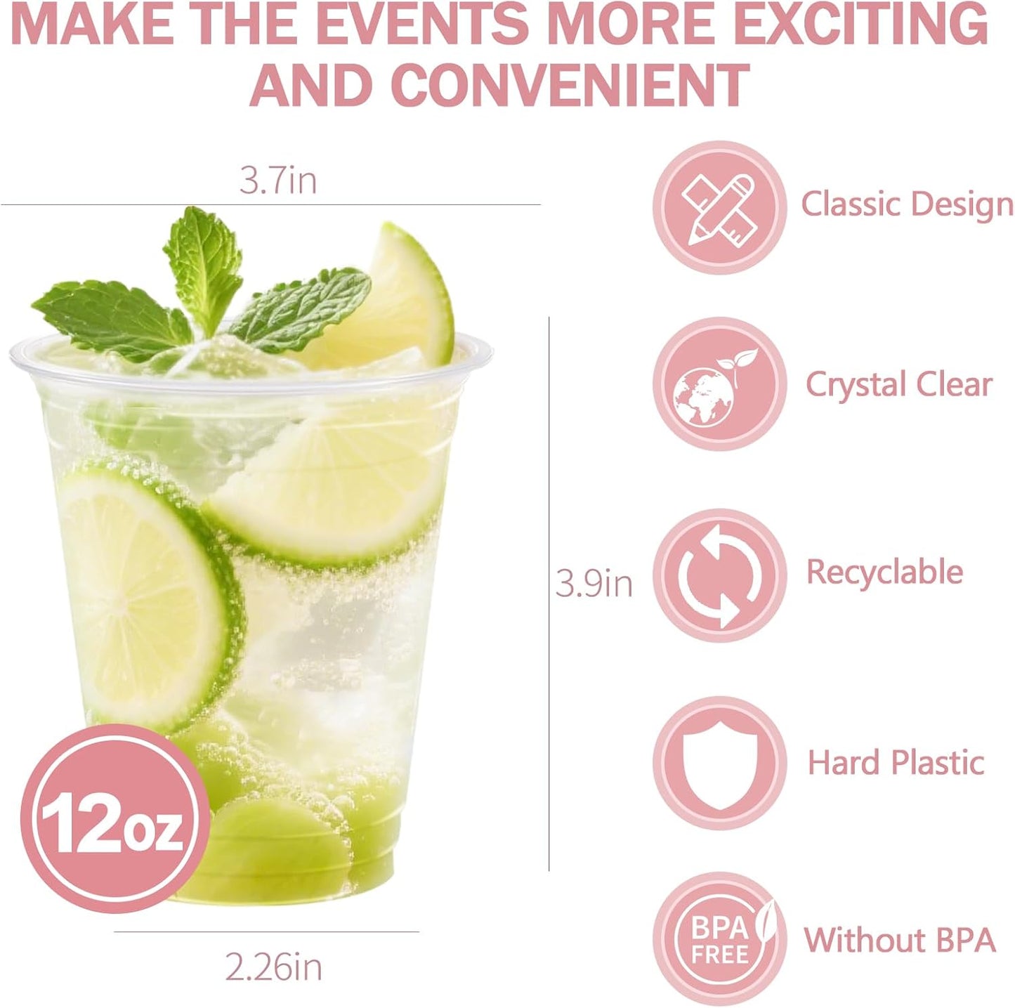 12 oz Clear Plastic Cups - 300 Count Disposable Wine Cup for Party, 12 Ounce Drinking Cups Bulk, PET Cocktail Glasses for Smoothie, Fruit, and Cold Beverage