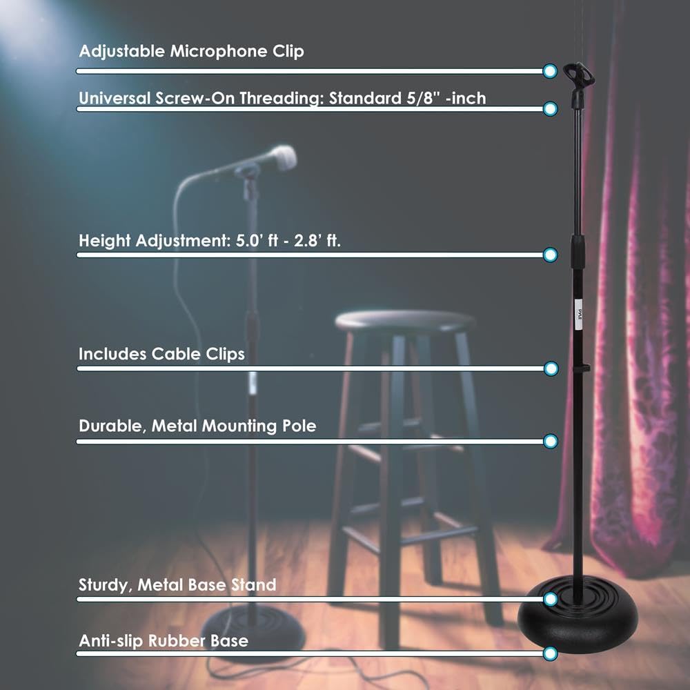 Pyle Adjustable Microphone Stand - Universal Mic Stand with Compact Heavy Base, Floor Standing Design, Height Adjustable, Pivot Angle Clip for Singing & Recording (2.8??- 5??ft., 9.8??Base Diameter)