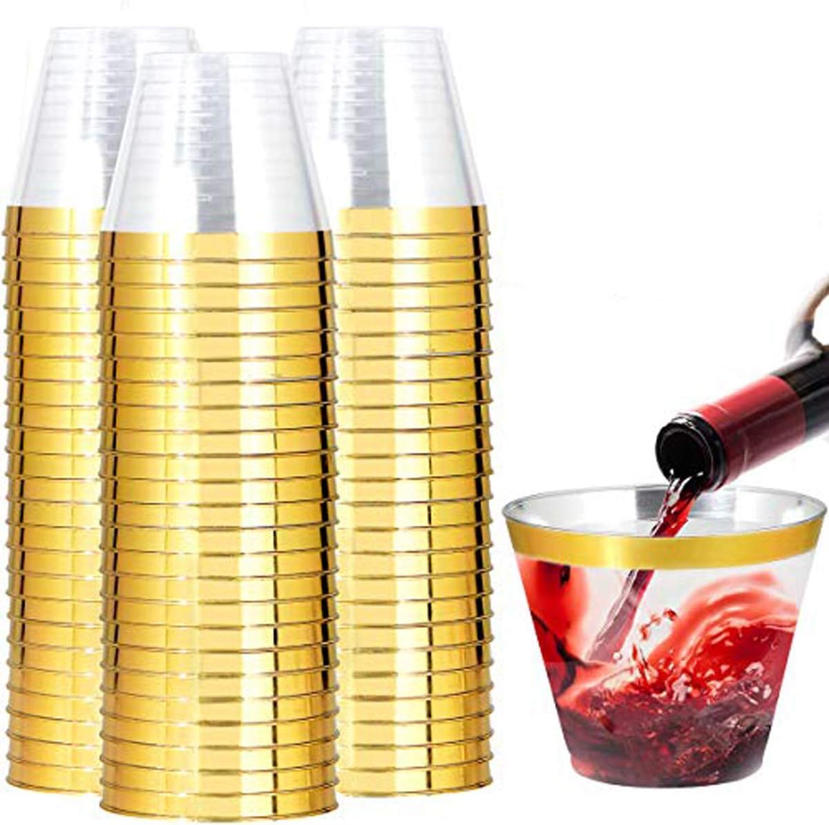 I00000 200 Pack Gold Plastic Cups, 9 Oz Elegant Clear Plastic Cups Gold Rimmed Disposable Wine