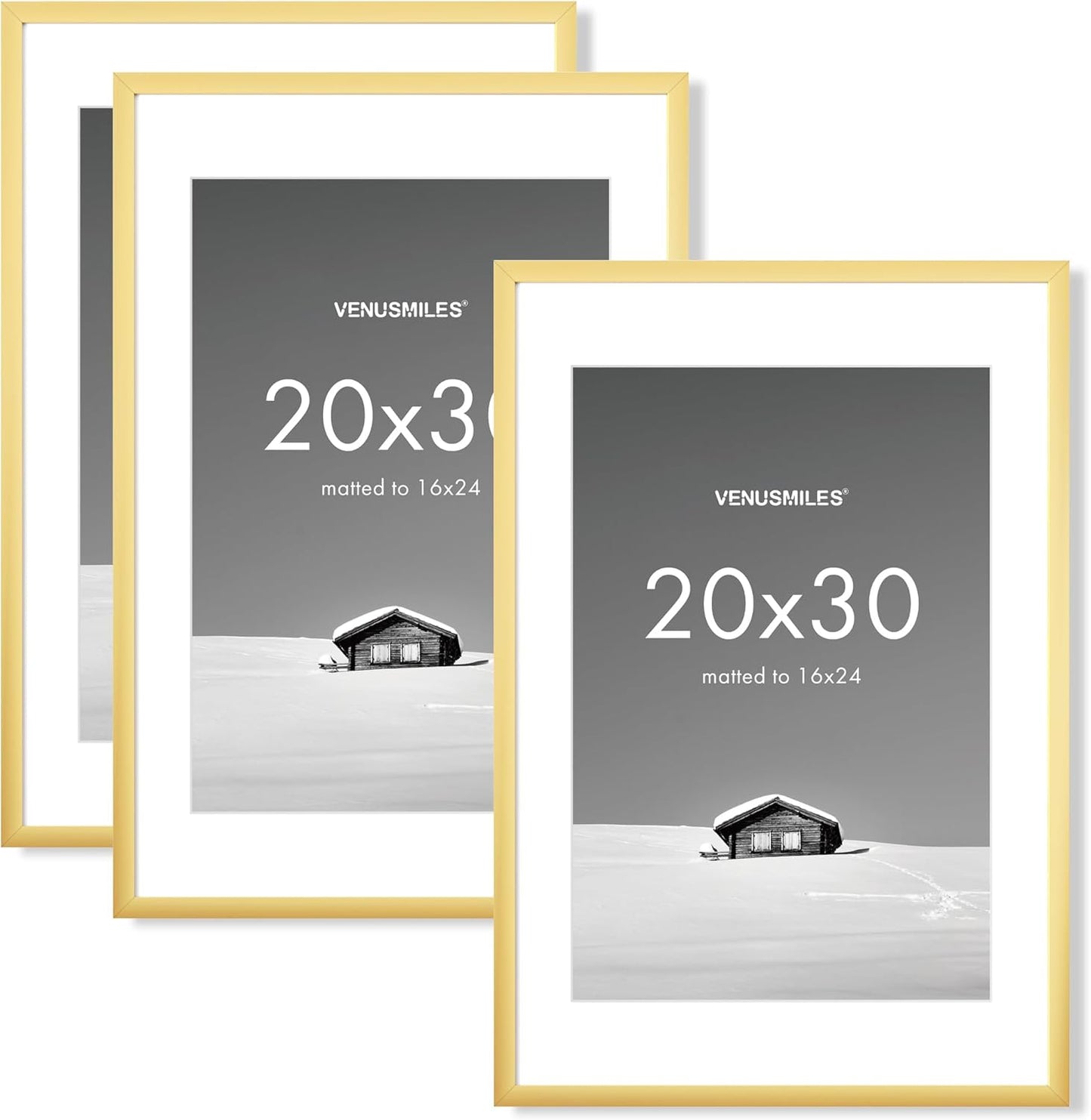 20x30 inch Picture Frame, 20x30 Photo Frames with 16x24 Removable Mat - High Definition Plexiglass - Vertical and Horizontal Display - Wall Hanging Poster Frame - Gold, 3 Pack