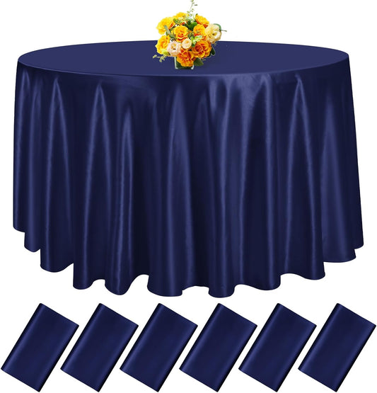 fani 6 Pack 120 Inch Navy Blue Satin Tablecloth - Premium Bright Silky Round Tablecloth Overlay Smooth Fabric Table Cover, Table Decoration for Wedding Party Banquet Events Restaurant Kitchen Dining