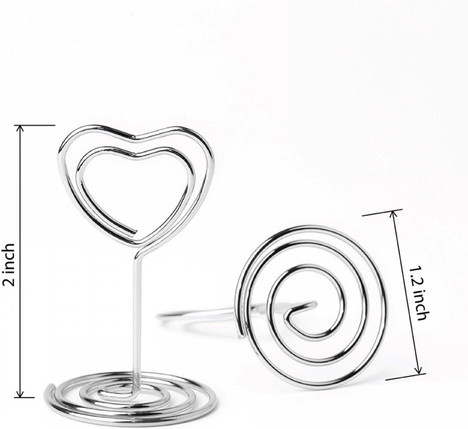 20pcs Mini Place Card Holder, Table Number Holders, Table Card Holders, Table Number Stands, Wire Table Picture Photo Holder Menu Memo Clips for Wedding Favors with Heart Shaped (Silver)