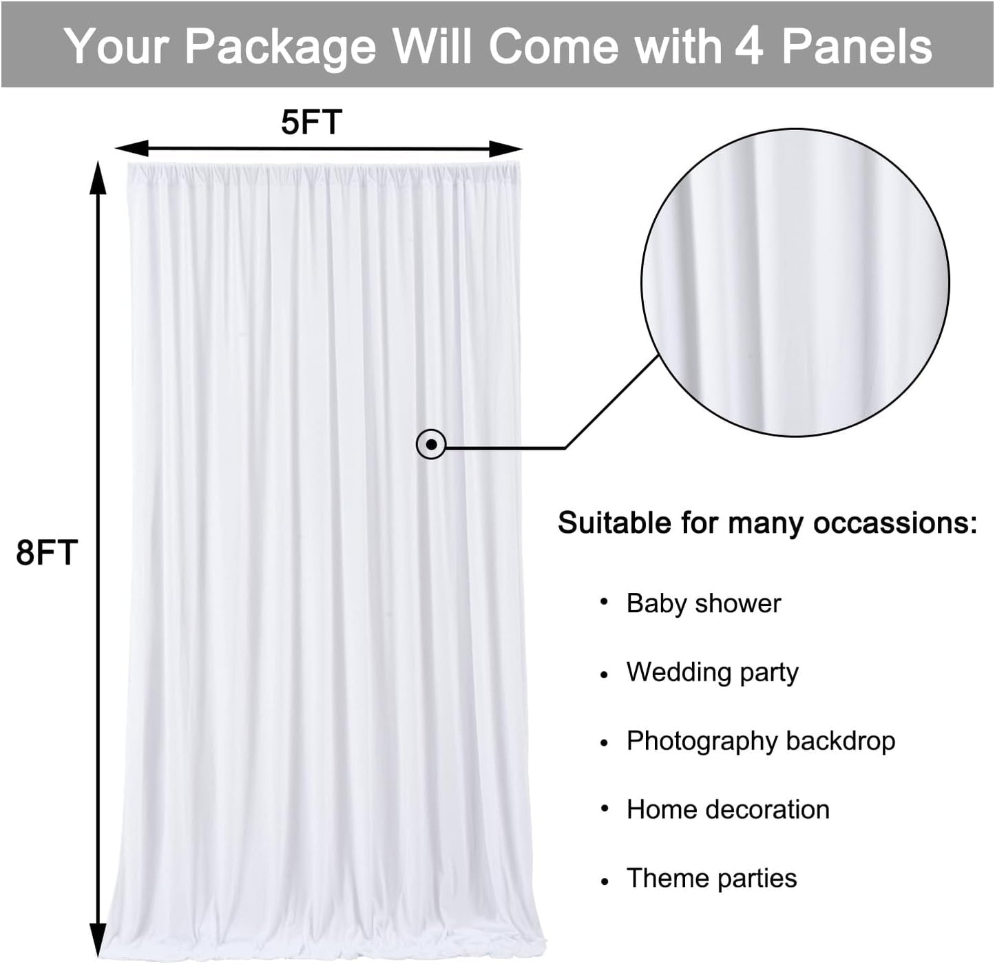 20 ft x 8 ft White Backdrop Curtain Drapes for Wedding Parties, 4 Panels 5 ft x 8 ft Wrinkle Free Polyester Photo Drapes for Birthday Party Baby Shower Backdrop Stand