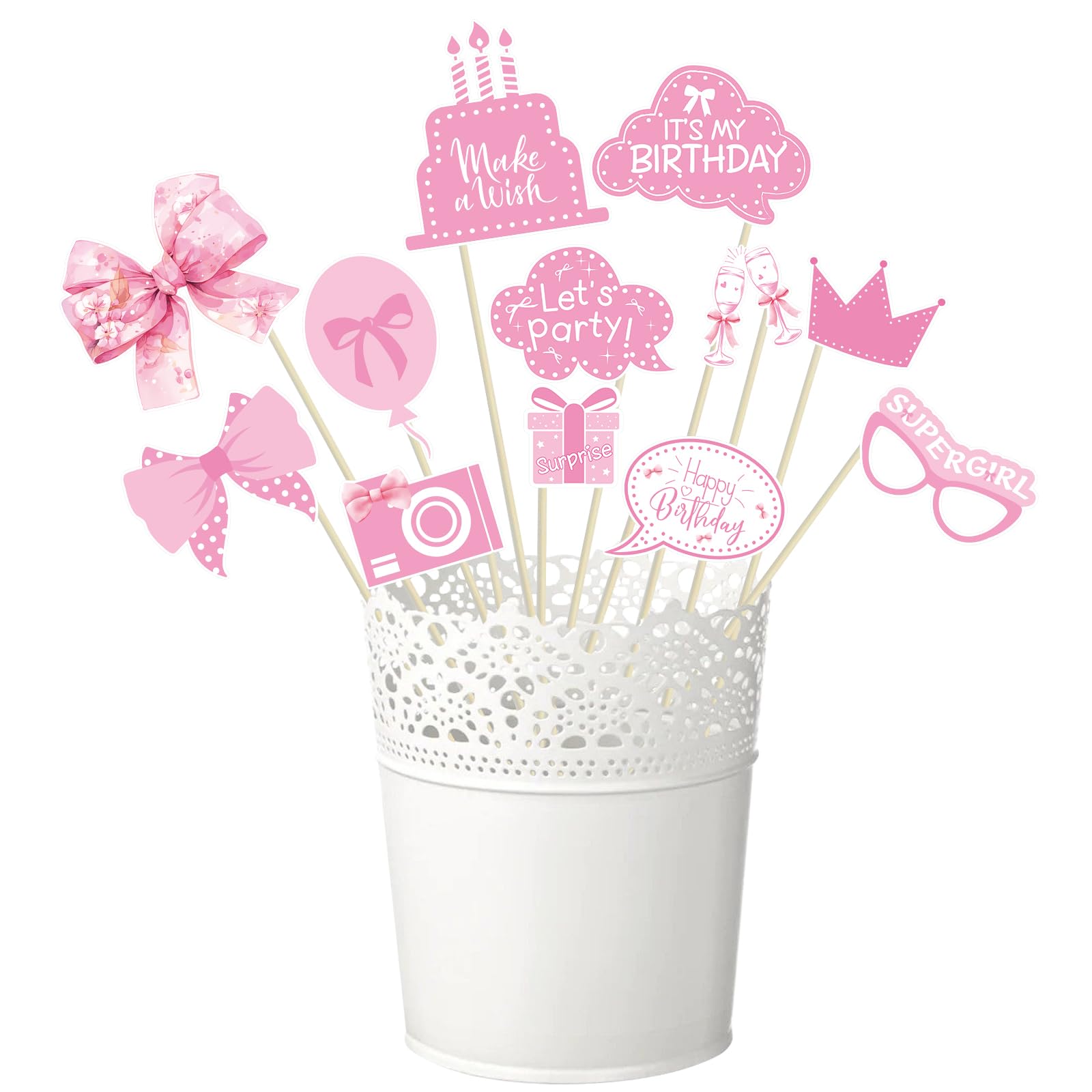Pink Bow Party Decorations Photo Booth Props Signs,25pcs Pink Bow Birthday Decorations Selfie Props