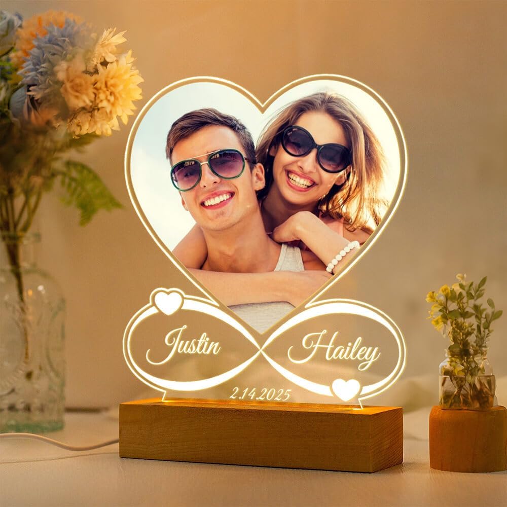 Custom Picture Frame with Photo, Personalized Photo Frame with Night Light, Customized Picture Frames, Personalized Anniversary Couple Gifts for Women Men Her Him Girlfriend Boyfriend