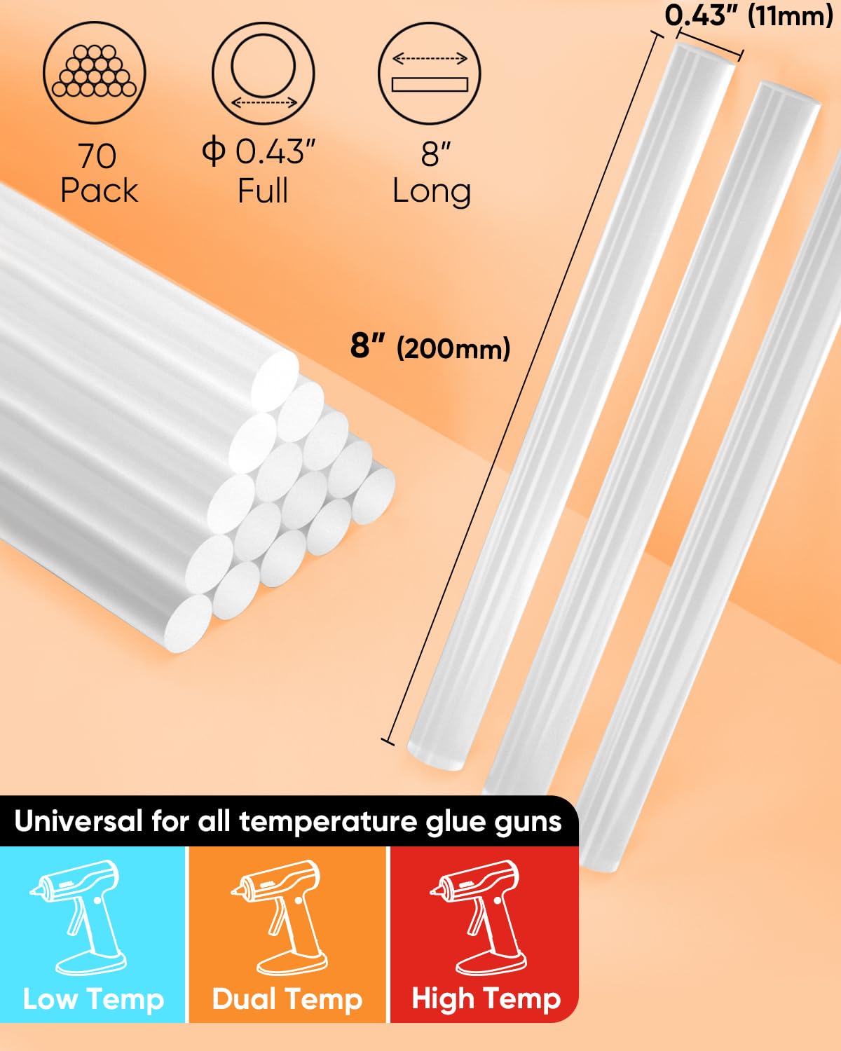 SHALL Full Size Hot Glue Sticks, 0.43??Dia x 8??Long, 70-Pack Clear Hot Melt Glue Gun Sticks for All-Temp Glue Guns, Multipurpose for Kids Adults DIY Art Craft Sealing Repairing Festival Decoration