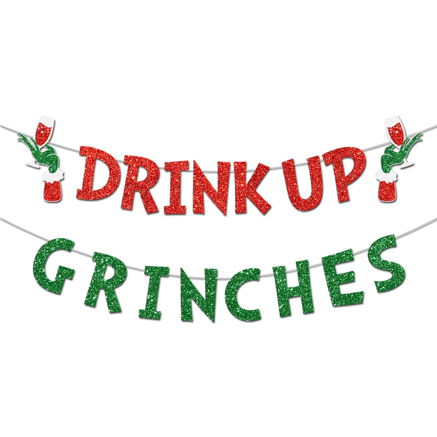 Drink Up Grinches Banner, Glittery Christmas Decorations Banners Winter Holiday Garland Photo Props