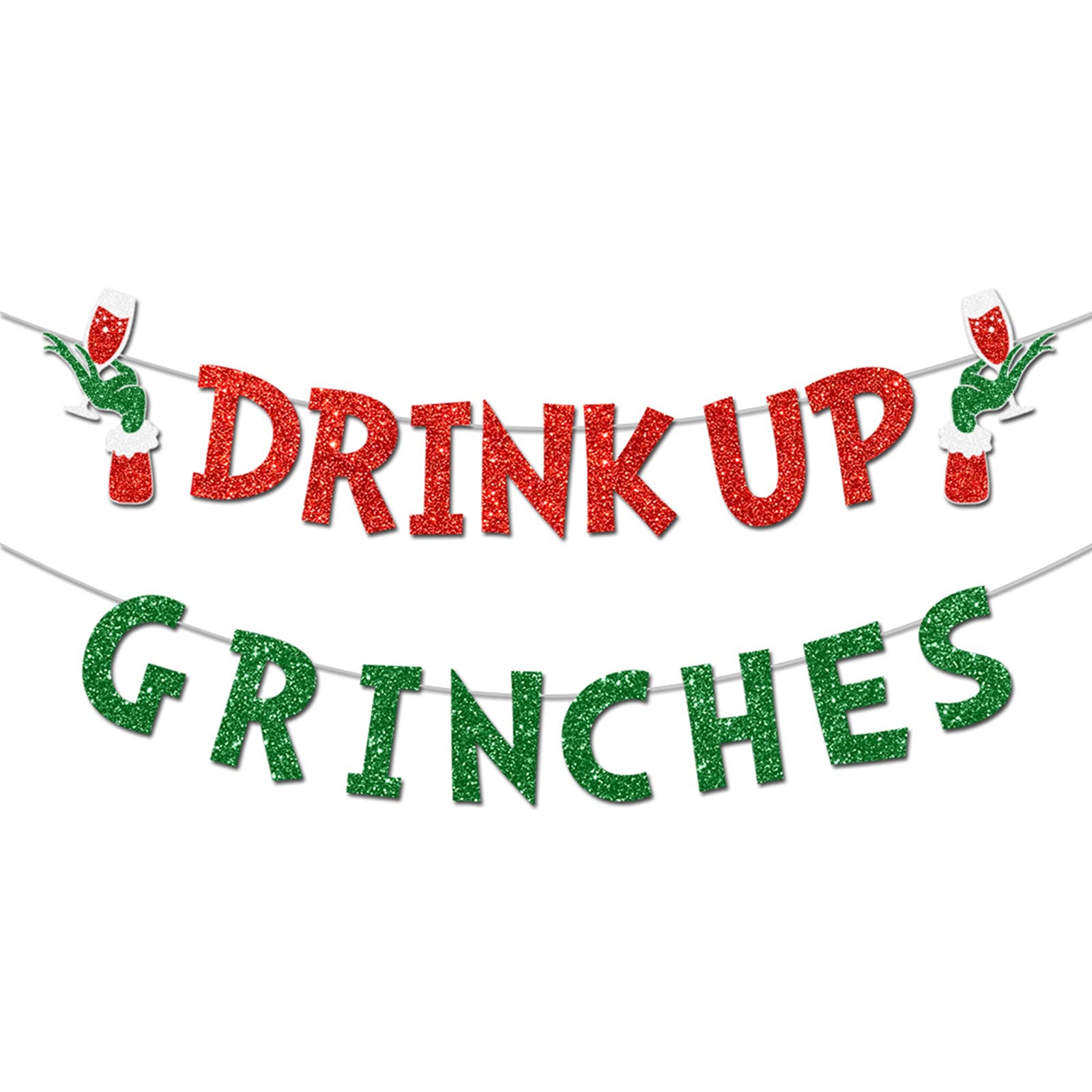 Drink Up Grinches Banner, Glittery Christmas Decorations Banners Winter Holiday Garland Photo Props