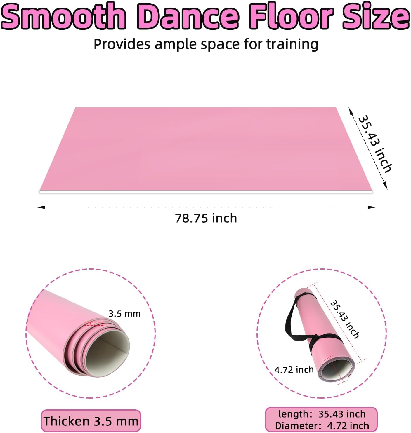 Dance Floor Mat Non-Slip with Shoulder Strap Portable and Dance Resistance Band, Dance Floor for Ballet,Jazz, Pop Thick PVC Practice Floor Reusable Mat (Pink, 180cm*90cm*0.35cm)