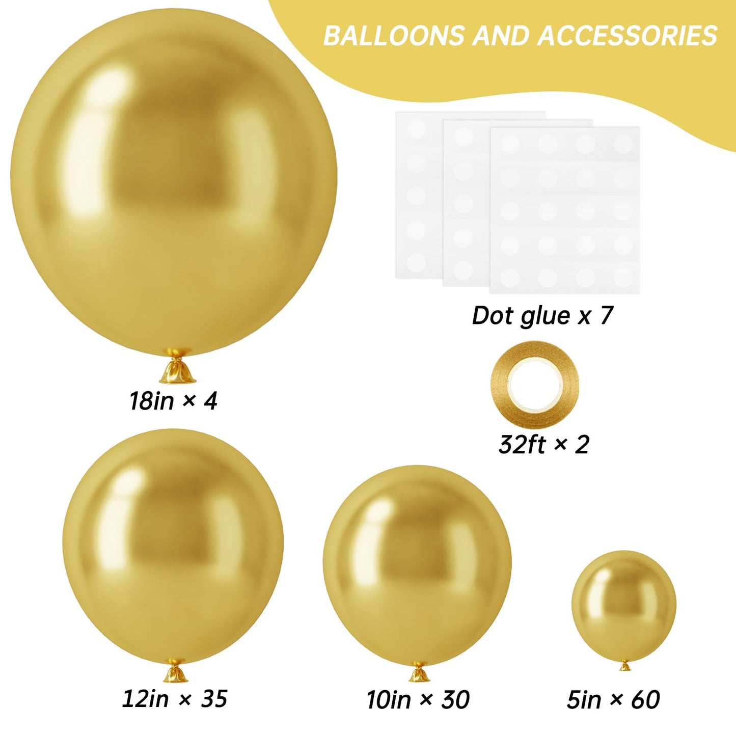 RUBFAC Gold Balloons Different Sizes Chrome Gold Balloon Arch Kit 129pcs