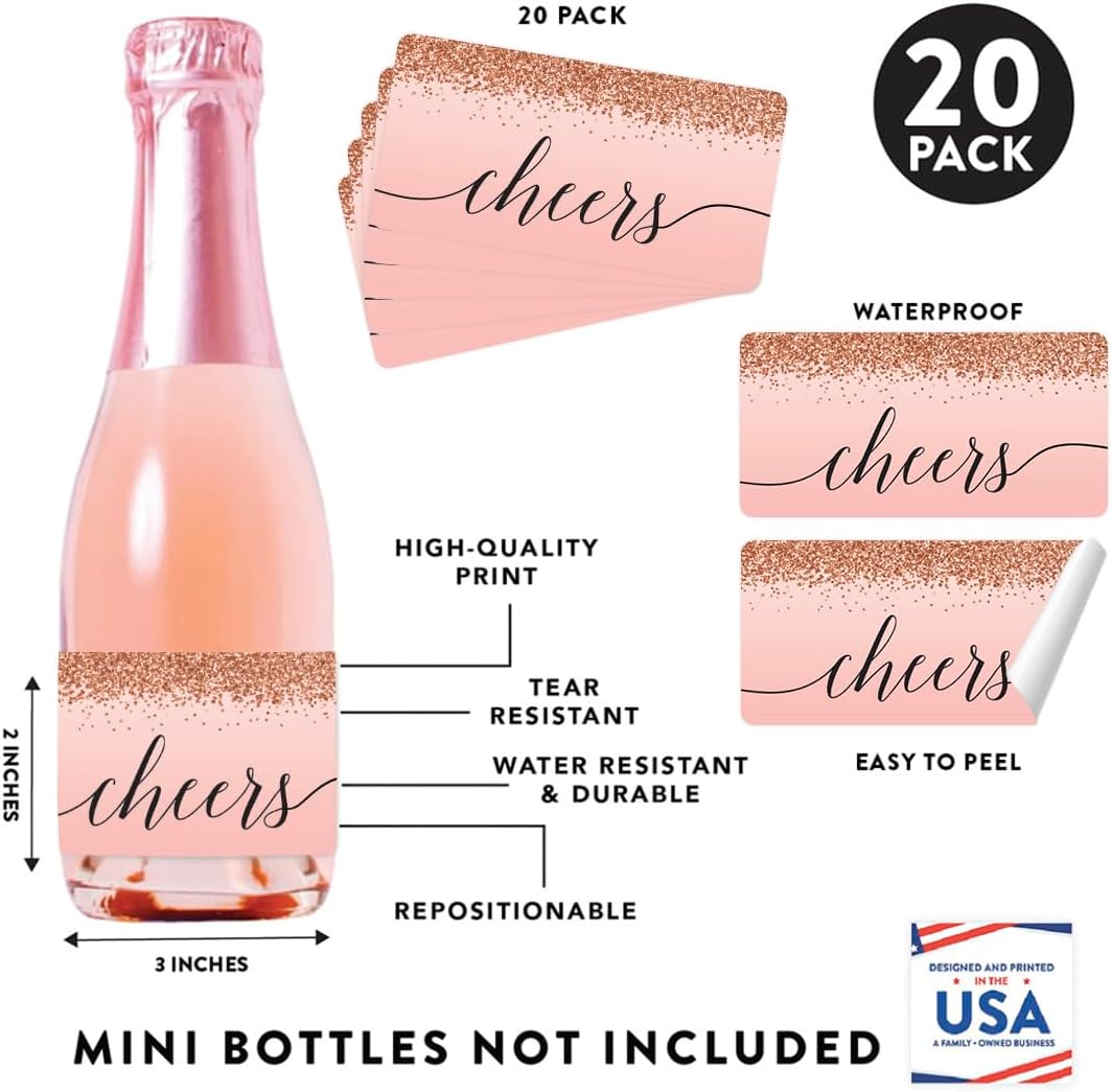 Andaz Press Mini Champagne Wine Bottle Labels, Cheers!, Blush Pink Faux Rose Gold Glitter Elegant, 20-Pack, Party Favor Gift Label Stickers Baby Shower