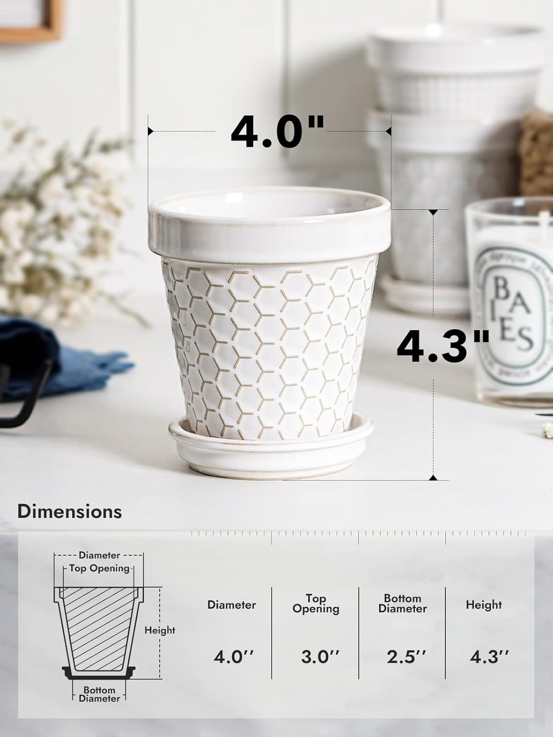 LE TAUCI Ceramic Succulent Pots, 4 Inch Small Plant Pot for Indoor Plant Cactus, Embossed Flower Pots with Drainage Hole & Saucer - Set of 4, Arctic White