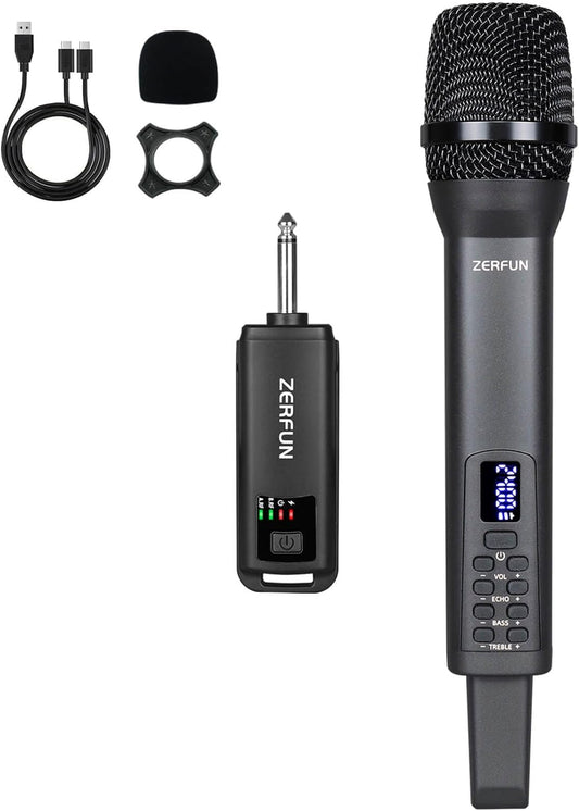 Rechargeable Wireless Microphone, Pro Handheld Cordless Mics System Dynamic with Echo Treble BASS VOL Control for Karaoke Singing Church Party, 1/4'' Output, D240, Grey