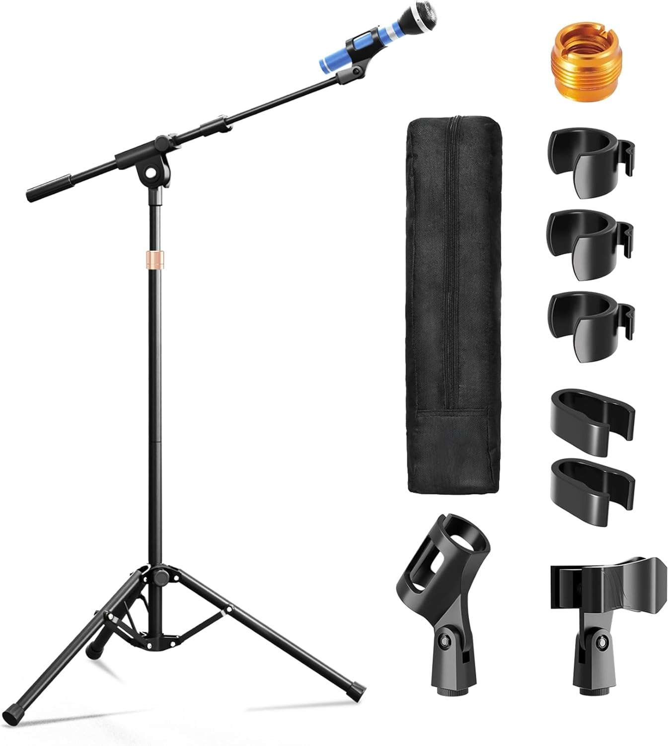 Mic Stand with Boom Arm, Heavy Duty Tripod Microphone Stand Floor Holder Height Adjustable with Carrying Bag and 2 Mics Clips for Singing Performance, Home Studio Recording, Podcast and Stage