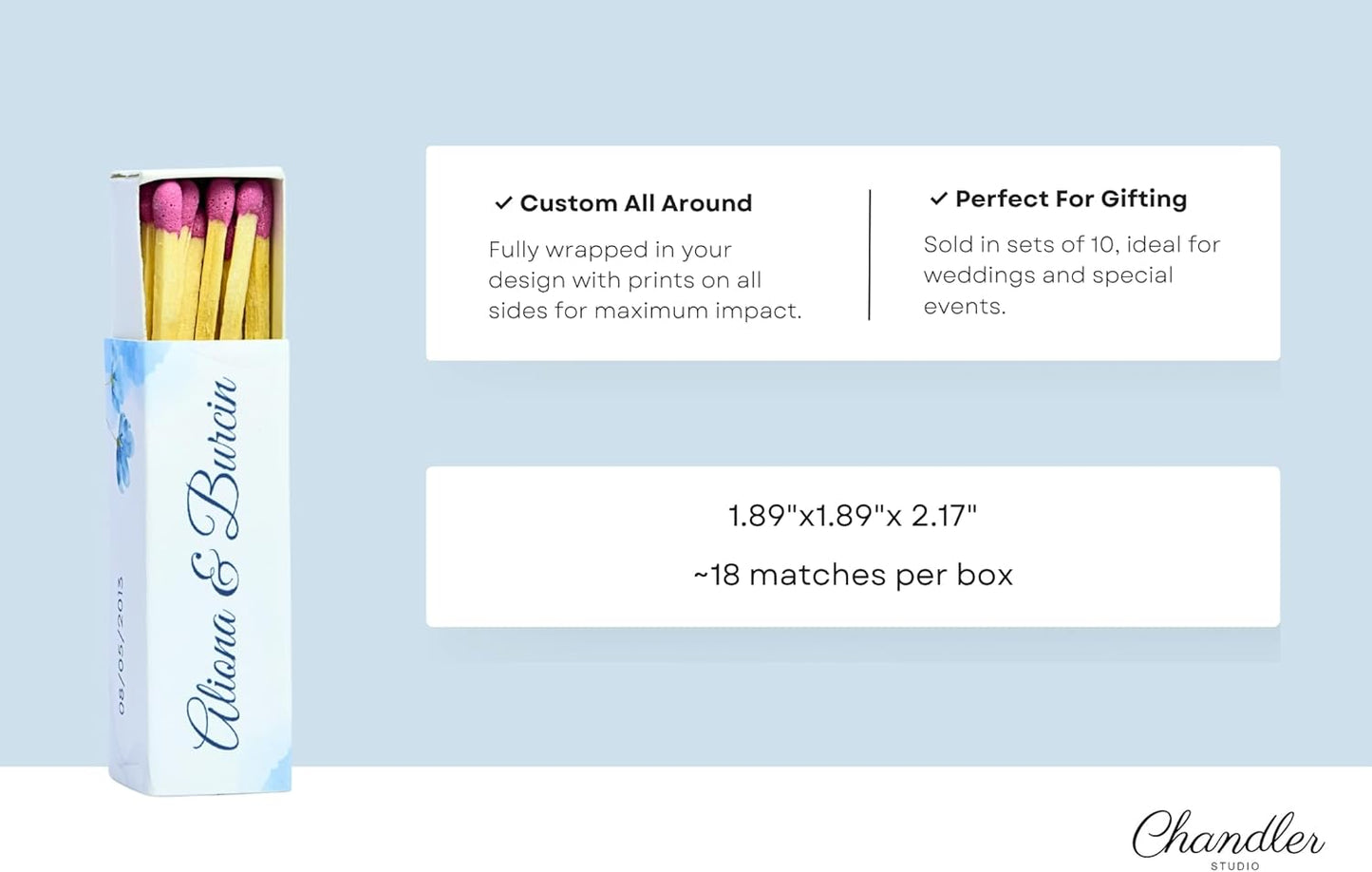 Custom Matchboxes - Set of 10 - Personalized - 2" Inch Long - Colorful Matchsticks - Weddings – Wedding Favor - Matchboxes, Custom Matchbox (2" Matchsticks, Wedding Design #3)