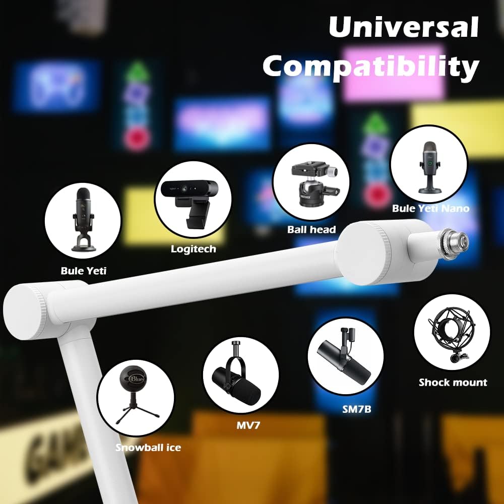 BOMGE Boom Arm Mic Stand - Adjustable Heavy Duty Suspension Boom Scissor Arm Stand with Cable Management Channels, Desk Clamp for Podcasts, Streaming, Gaming, Home Office, Recording (White)