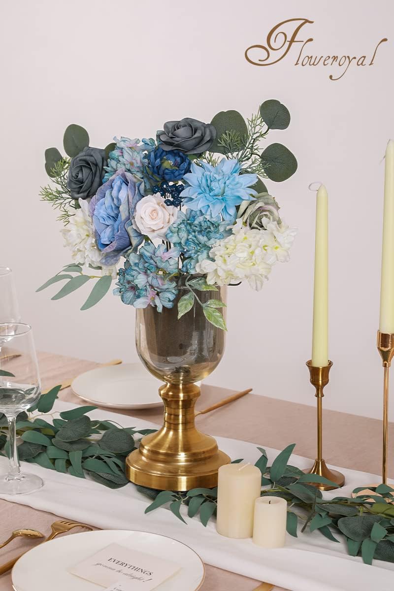 Floweroyal Artificial Flowers Combo Dusty Blue Flowers Mix Silk Flowers Dahlia Roses with Stems for DIY Wedding Bridal Bouquets, Baby Shower, Floral Arrangement, Table Centerpieces, Home Decorations.