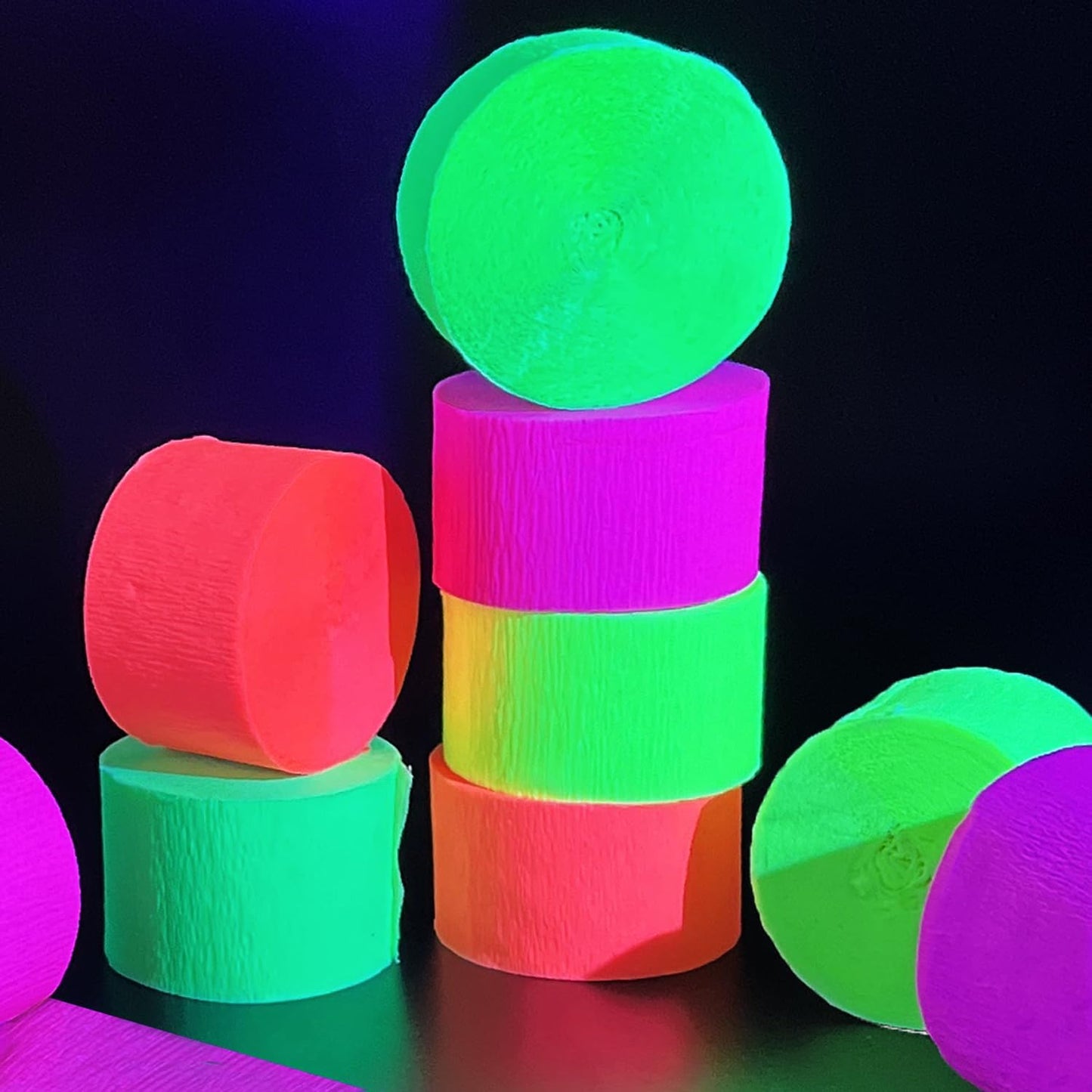 800 feet Glow Party Neon Streamer Decorations Glow Crepe Paper Streamers UV Reactive Fluorescent Neon Paper Streamers Glow in The Dark Party Supplies and Decorations Wedding Birthday Blacklight Party