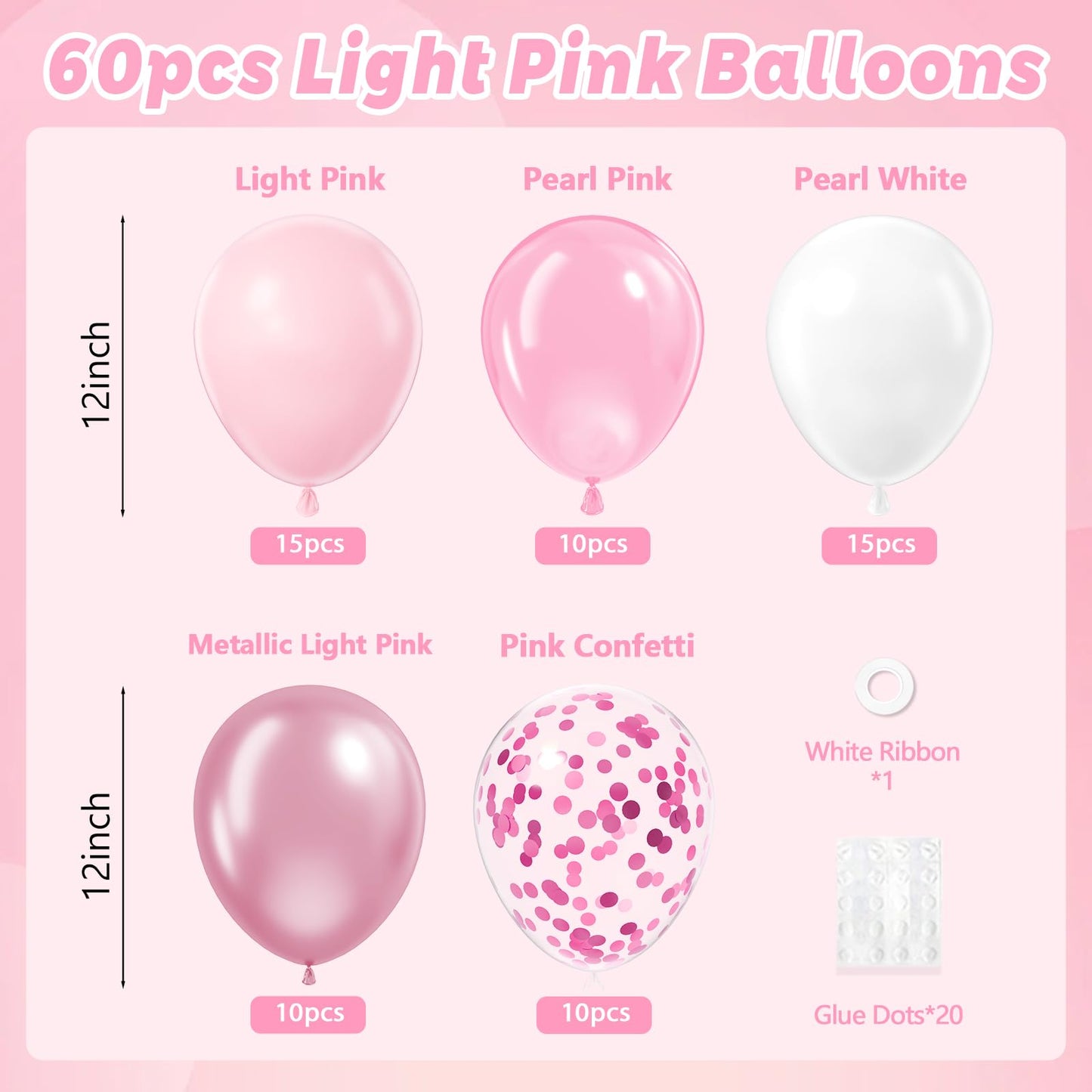 12inch Light Pink and White Balloons with Pearl Baby Pink Confetti Balloons