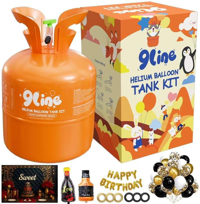 9Line 13L Helium Tank Up To 50 Latex Balloons,Helium Tank For Balloons At Home, 5012-lnch Black&Gold Latex Balloons, 15 Foil Balloons, 1 Happy Birthday 5.9X3.6Ft Backdrop, 8 Accessory Tools