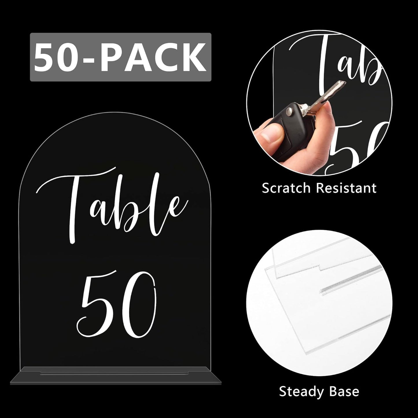 JOYIT Arch Wedding Table Numbers 1-50 with Stands – 5" X 7" Acrylic Table Signs with Clear Background White Text, Perfect Acrylic Numbers for Wedding Receptions, Parties, Anniversaries and Events