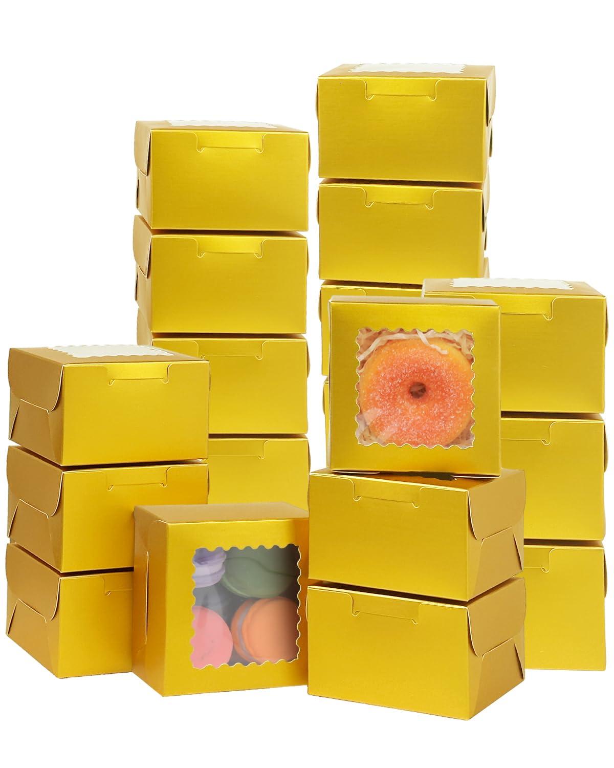 Bakepacker 60pcs Gold Bakery Boxes with Window 4x4x2.5 inches Thick & Sturdy Macaroon Pastry & Cookie Boxes
