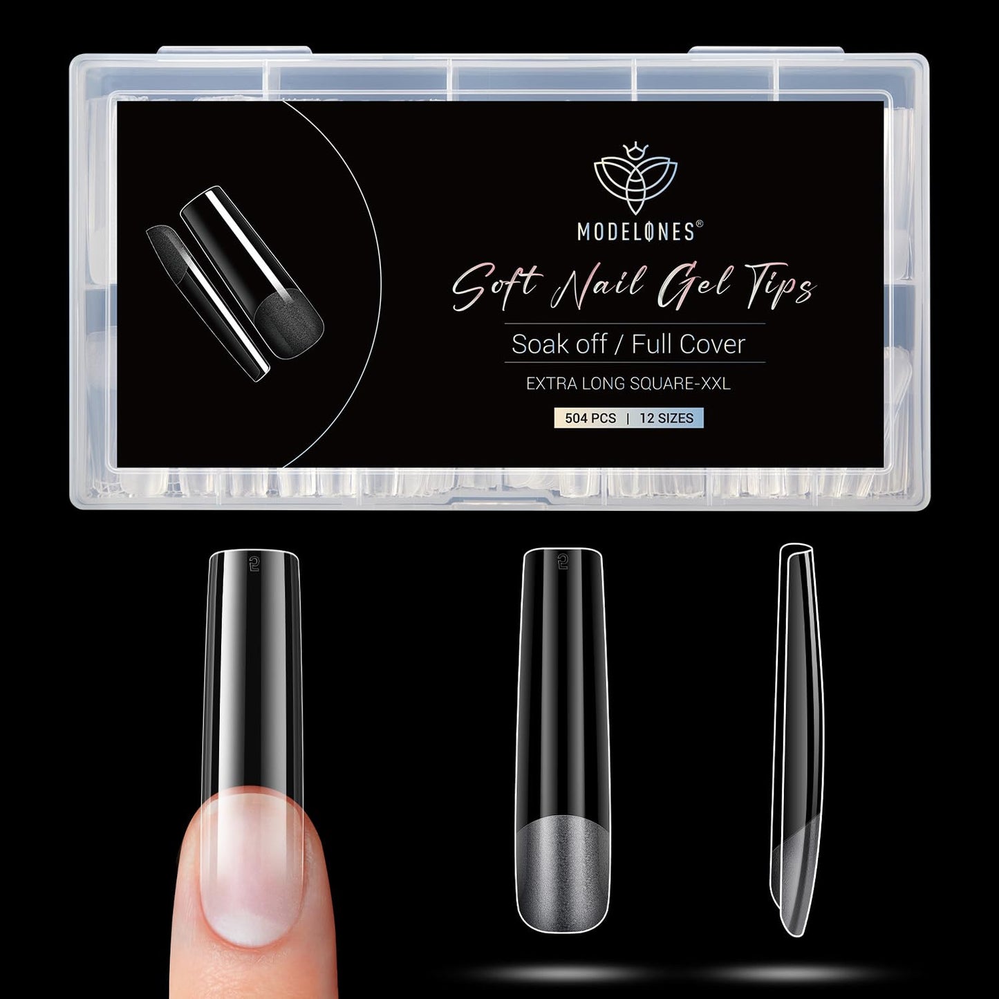 Modelones Long Square XXL Fake Nail Tips - 504Pcs Gel Tips Pre-shaped Half Matte Full Cover Clear Acrylic Gel Kit False Press on Nails for Extension DIY Salon 12Sizes
