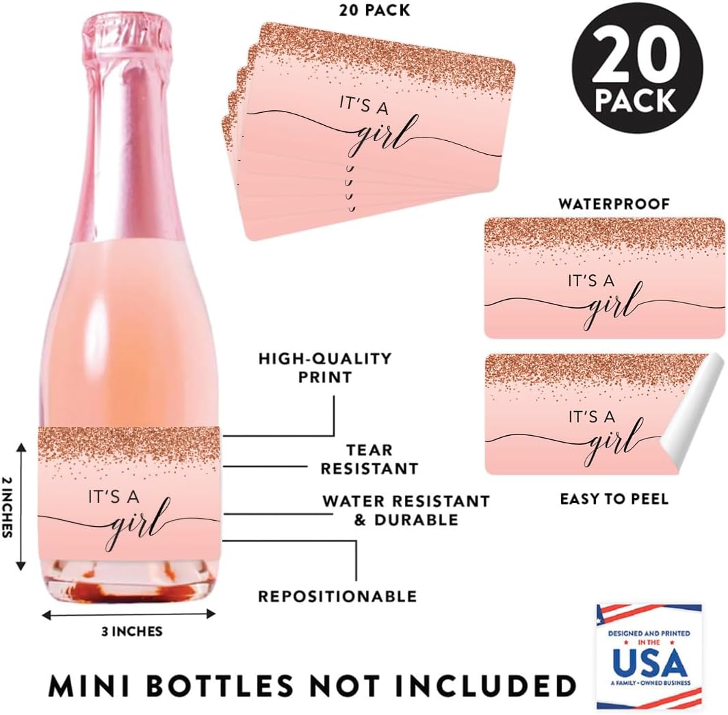 Andaz Press Mini Champagne Wine Bottle Baby Shower Labels, It's A Girl!, Blush Pink Faux Rose Gold Glitter Elegant, 20-Pack, Mini Champagne Bottles Baby Shower Mini Wine Bottle Labels Baby Shower
