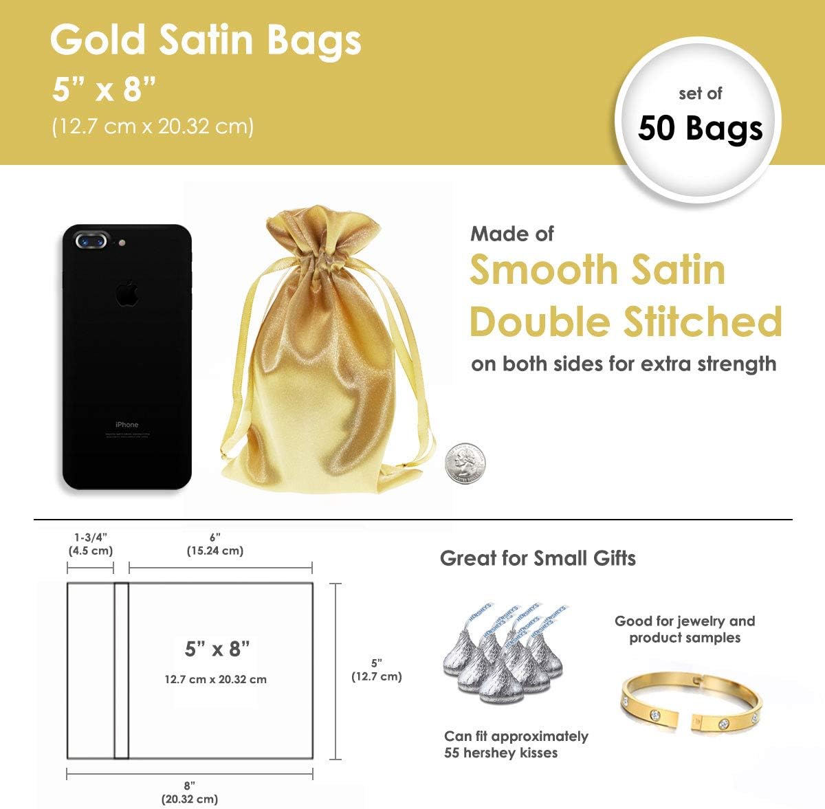 5" x 8" Gold Satin Gift Bags, Jewelry Bags, Wedding Favor Drawstring Baby Shower Christmas 50 per Pack
