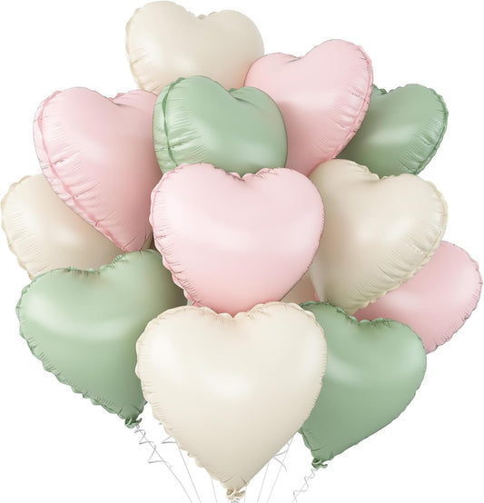 Pink Green White Heart Balloons,12Pcs 18Inch Cream White Baby Pink Sage Green Heart Shaped Foil Helium Balloons for Baby Shower Birthday Anniversary Wedding Engagement Party Decorations