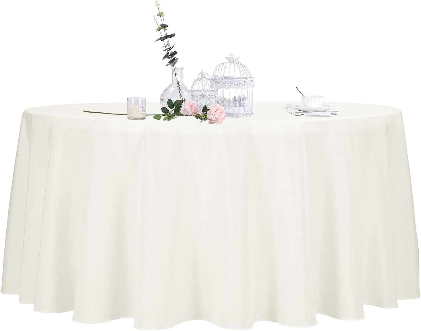 Ascoza 2pack 132 Inch Ivory Round Tablecloth in Polyester Fabric for Wedding/Banquet/Restaurant/Parties