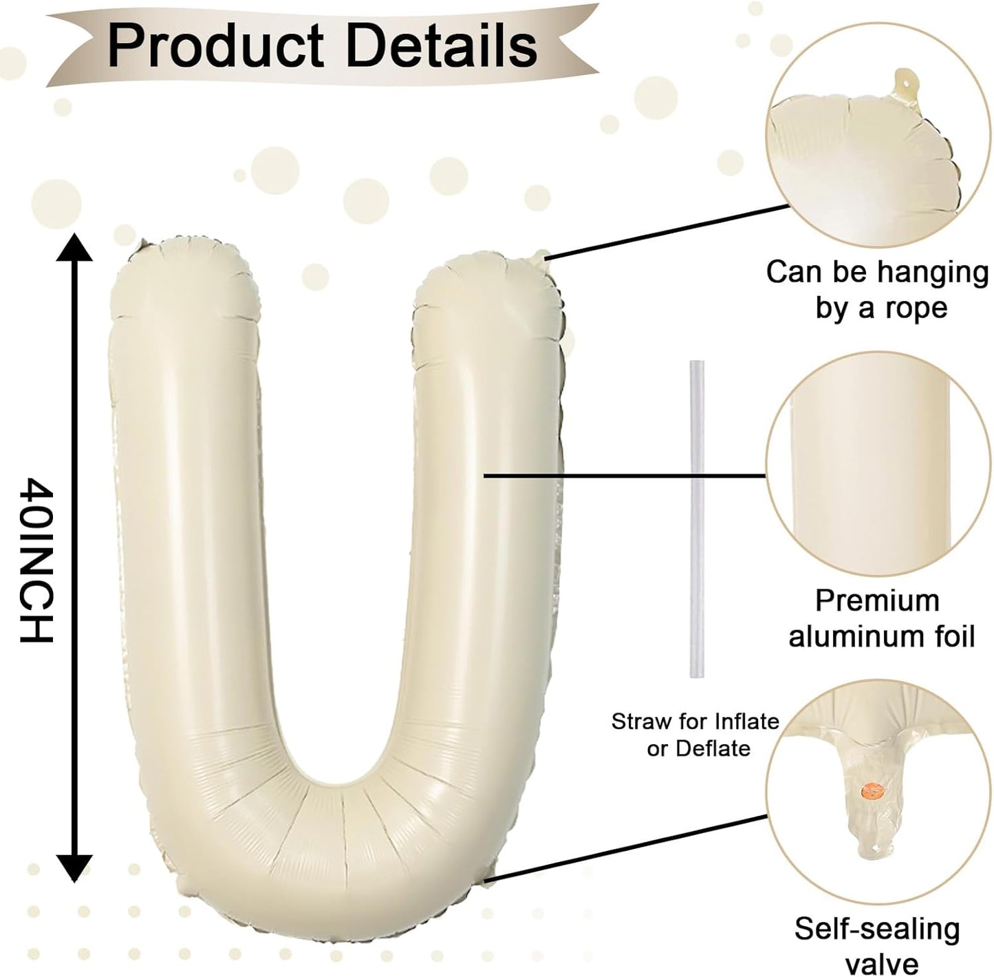 40 Inch Letter Balloons U, Big Custom A-Z Alphabet Foil Name Balloon Cream White, Self Inflating Beige Customize Helium Balloon Letters U for Women Girls Birthday Bride Baby Shower Party Decorations