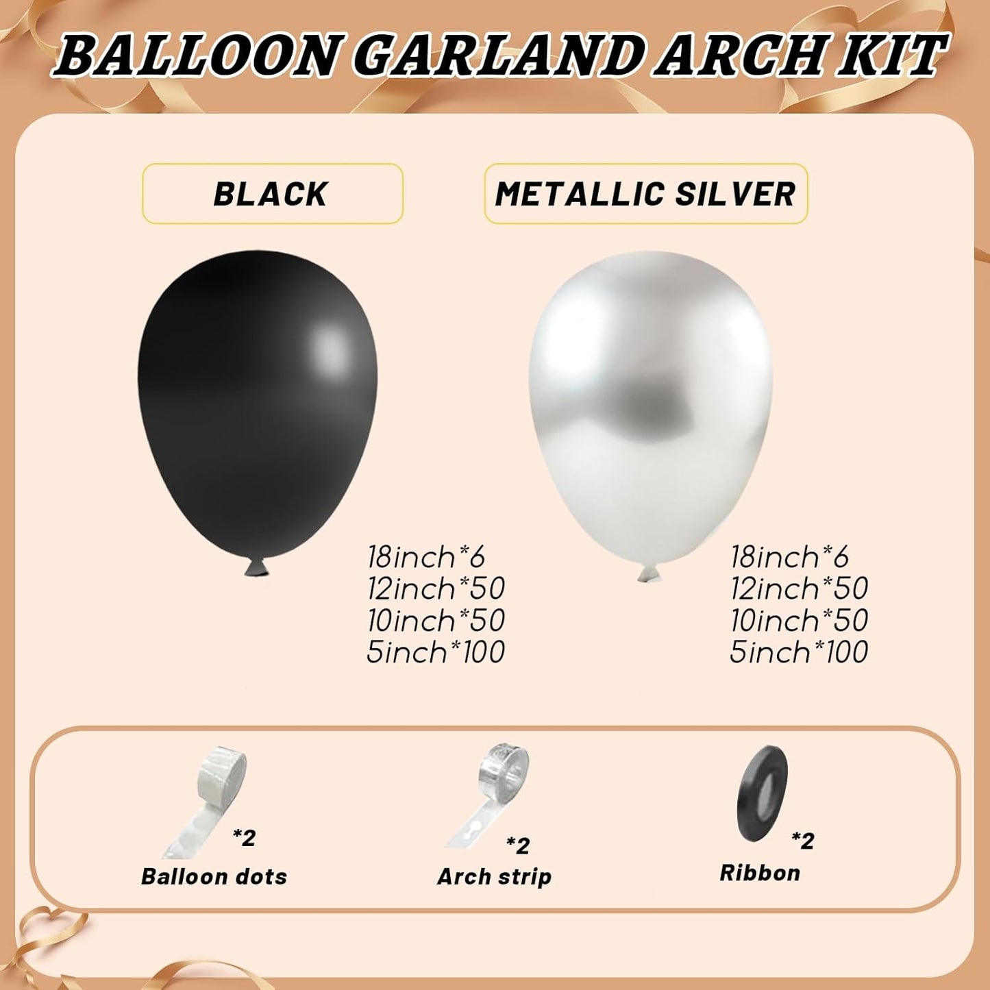 412Pcs Black and Silver Balloons Arch Kit, Latex Balloons Different Sizes 18 12 10 5 Inch for Birthday, Wedding, Graduation, Anniversary Decorations
