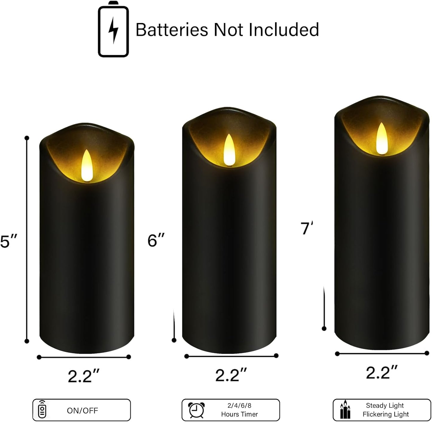 Flickering Flameless Candles, Battery Operated Acrylic LED Pillar Candles with Remote Control and Timer, Set of 9 (Black)