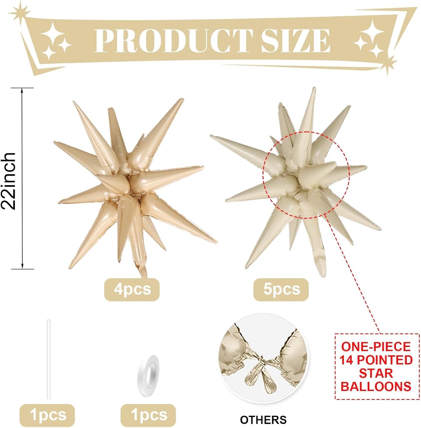 Cream White Beige Star Balloons,9Pcs 22Inch Caramel Sand White Explosion Spike Cone Helium Polyester Film Star Balloon for Birthday Anniversary Baby Shower Disco Party Decorations