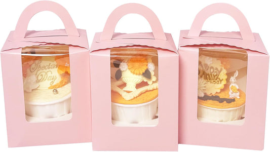 Bakepacker Auto-pop up Individual Cupcake Boxes with Window 25 Count Pink Single Cupcakes Box 3.6 x 3.6 x 4.3inch Cupcake Carrier