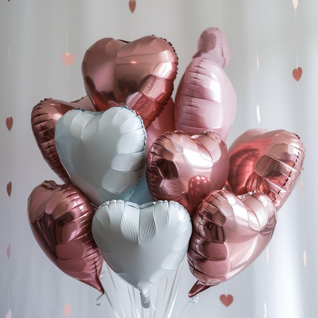 Pink White Heart Balloons, 18 Inch Baby Pink and White Heart Shape Balloon, 12PCS Helium Love Foil Balloon for Birthday Bridal Shower Engagement Wedding Valentine Party Decor