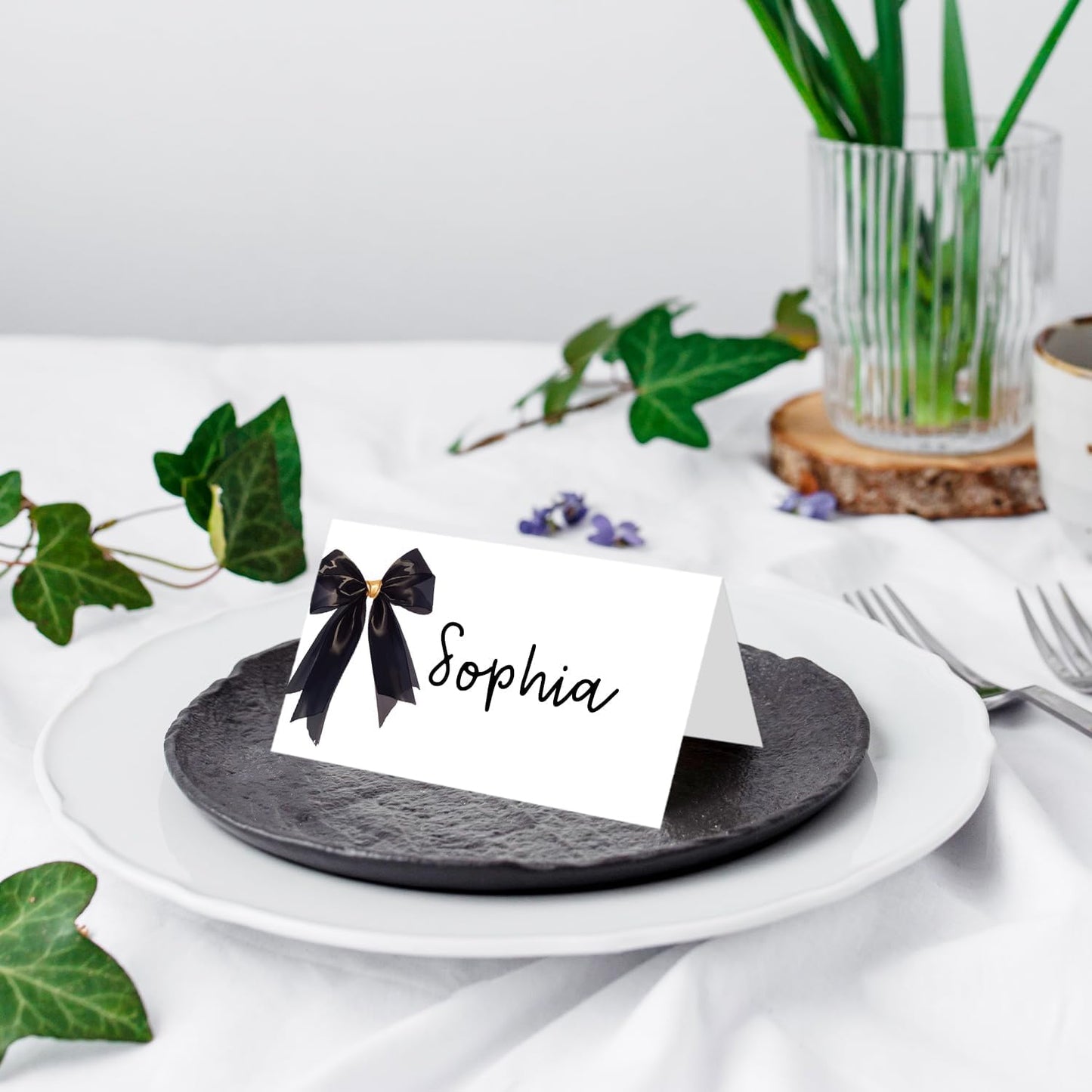 25 Pack Black Bow Place Cards, Editable Name Cards for Table Setting, Tent Cards Food Label for Dinner Party, Bridal Shower, Wedding, Baby Shower and Events -T29
