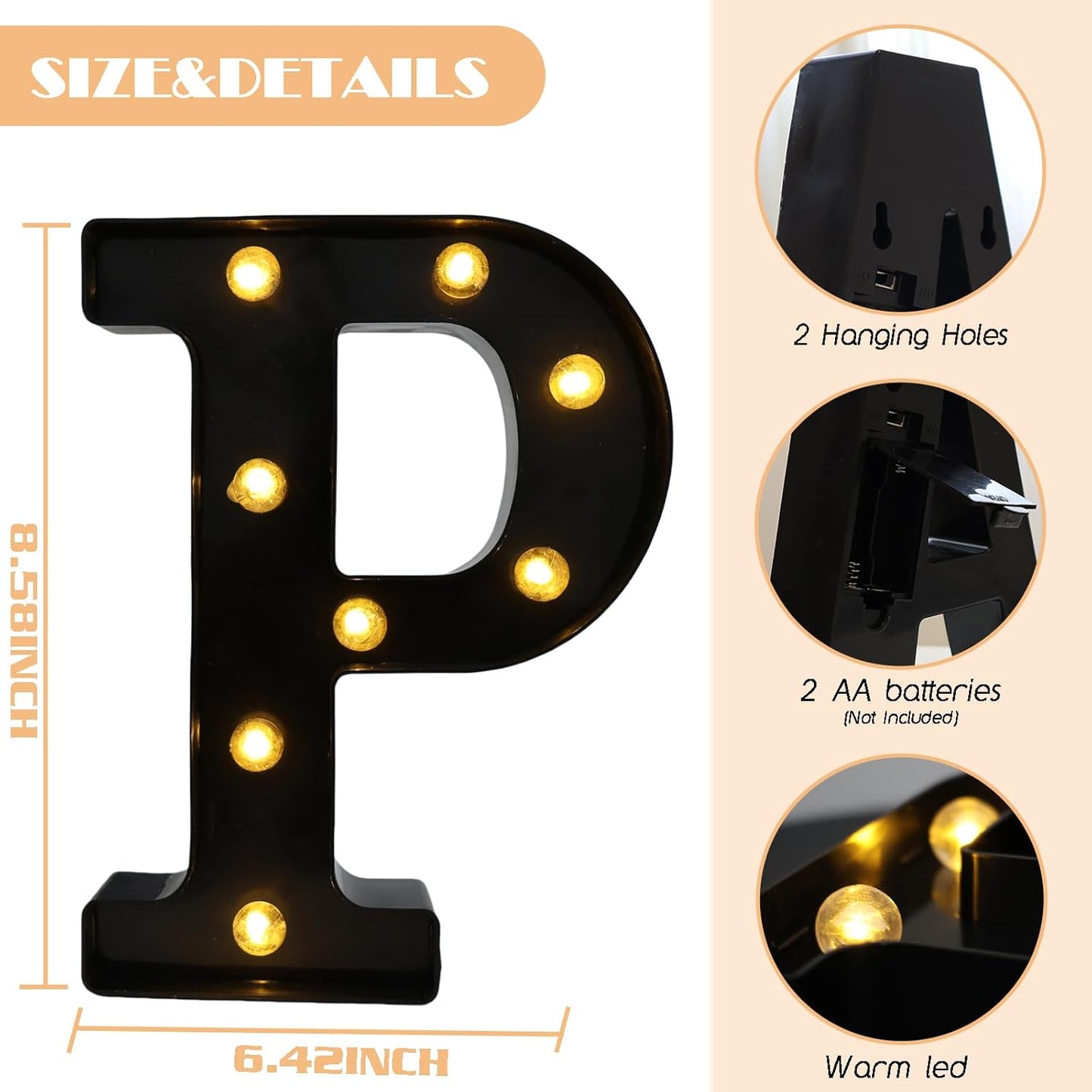 Led Marquee Letters, 8.58 Inch Black Light Up Letters, Small Led Letter Lights, Battery Powered Lighted Letterfor Table, Party, Birthday, Christmas Decor (Black, Letter P)