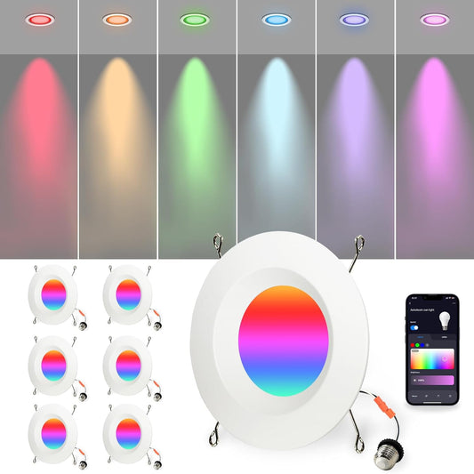 6 inch Smart LED Can Lights Retrofit Recessed Lighting, RGB Color Changing WiFi&Bluetooth Downlight,13W 1050LM Bluetooth Shower Downlight, Compatible with Alexa,Google Home and Siri,6 Pack