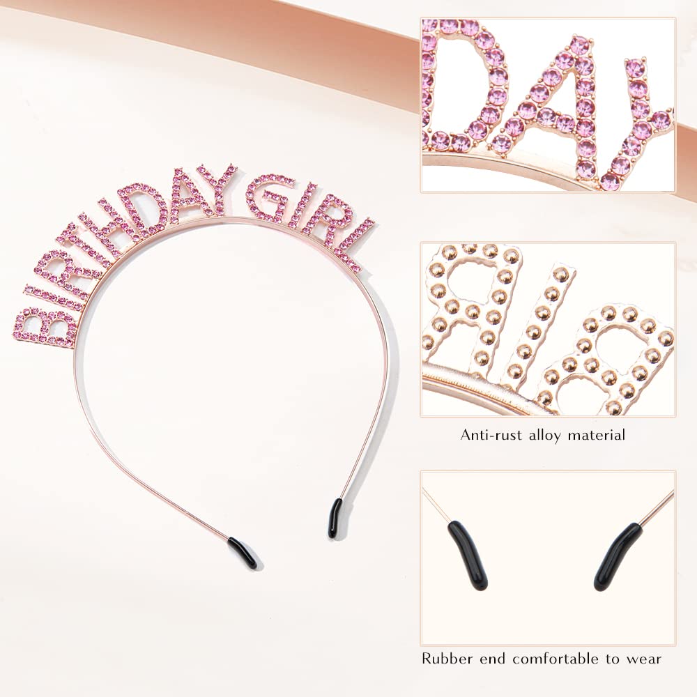 PQRUU Glitter Birthday Sash, Tiara and Rhinestone Headband Set - Pink Birthday Accessories for Her