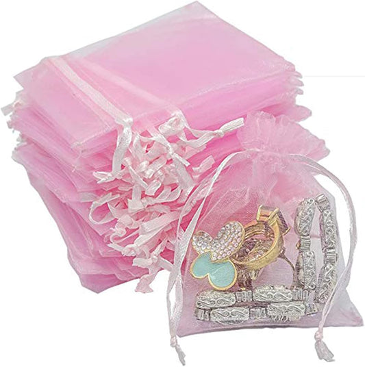 TheDisplayGuys 48-Pack 2" x 2-3/4" Pink Sheer Organza Gift Bags with Drawstring, Jewelry Candy Treat Wedding Party Favors Mesh Pouch