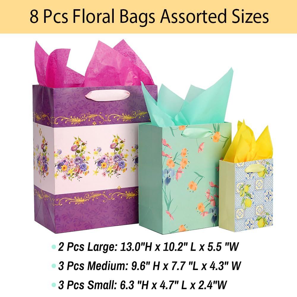 Nihuecne 8 Pack Floral Kraft Gift Bags Assorted Sizes with Tissue Paper