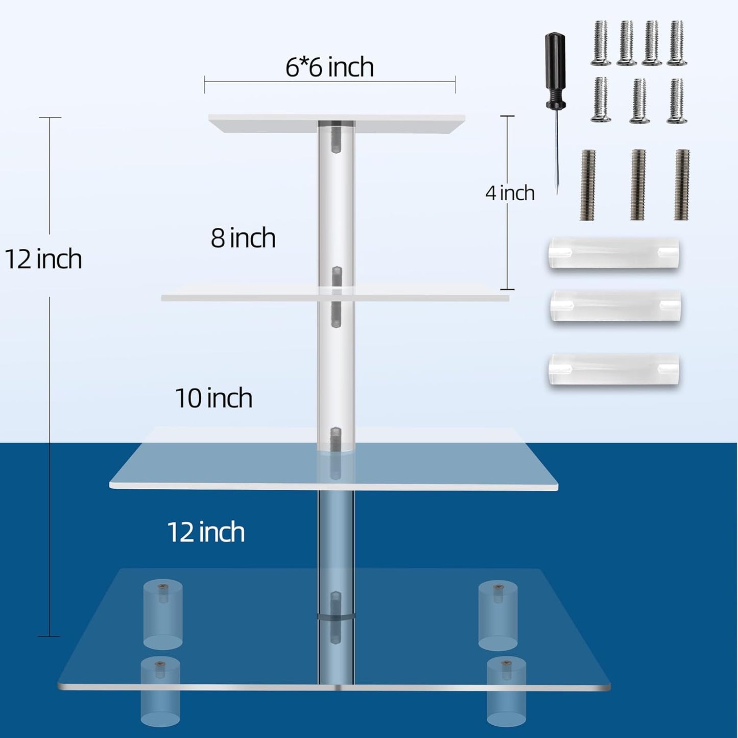 Jusalpha Large 4 Tier Cupcake Stand Square Acrylic Cupcake Tower Stand for Dessert, Pastry, Serving Platter-Candy Bar Party Décor and Supply(with Rod Feet) (4SF-V2)
