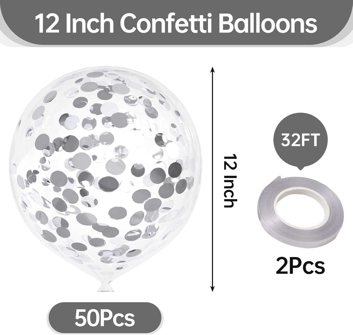 50pcs Silver Foil Confetti Balloons,12 inch Latex Balloon with Silver Confetti Inside for Birthday Family Party Wedding Party Baby Shower Decoration Supplies