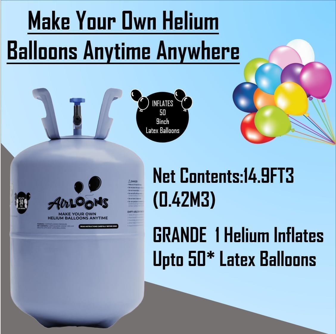 Airloons Helium Tank Balloon Kit with 50 Balloons - 9Inch Latex Balloons | Portable Helium Pump | Disposable Balloon Kit for Birthday Decorations, New Year, Christmas, Party, Home Decoration