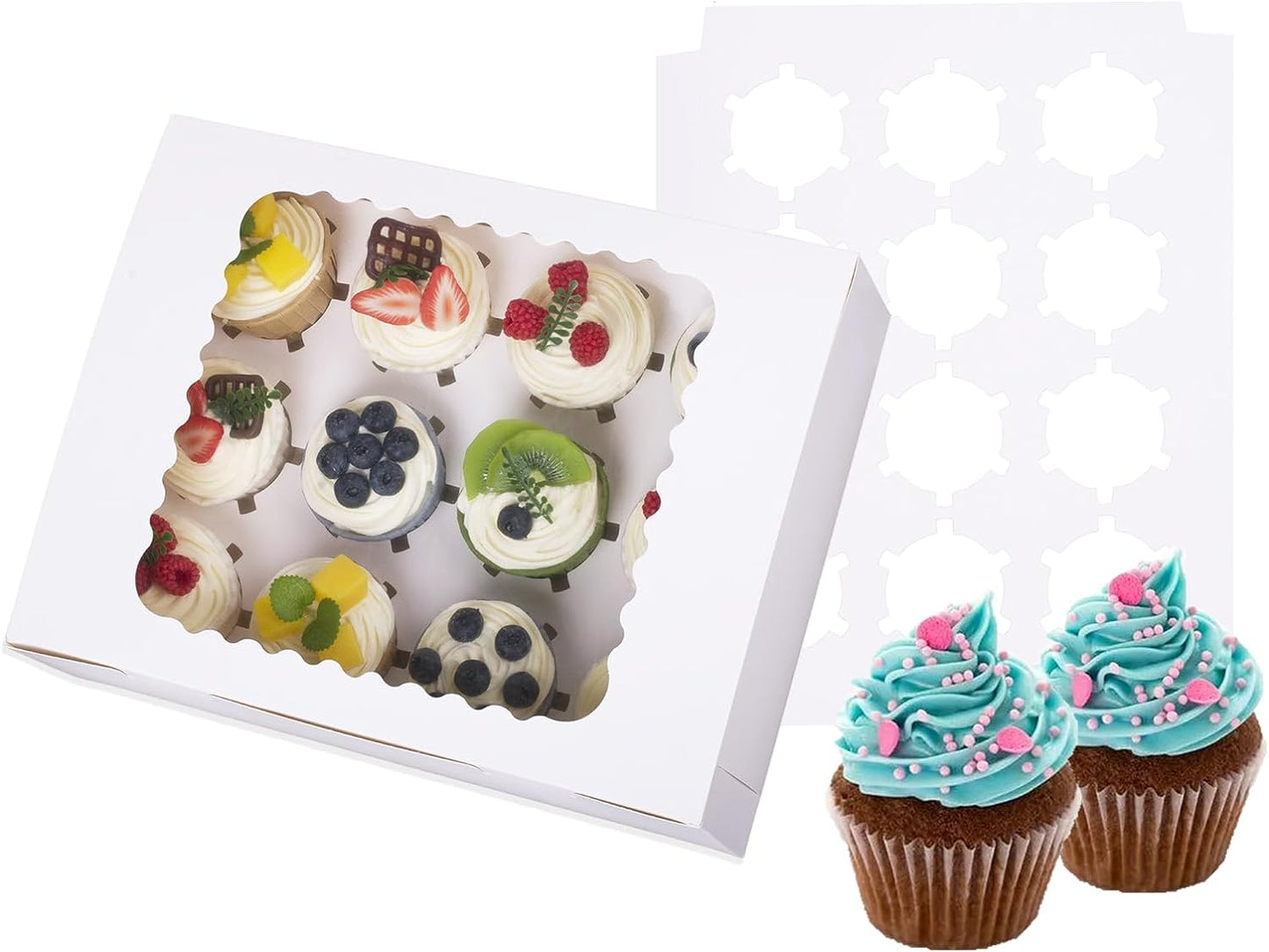 6-Set Cupcake Boxes Hold 12 Standard Cupcakes, Food Grade Cupcake Holders Bakery Carrier Boxes with Windows and Inserts for Cupcakes, Muffins and Pastries (White-6 Pack)