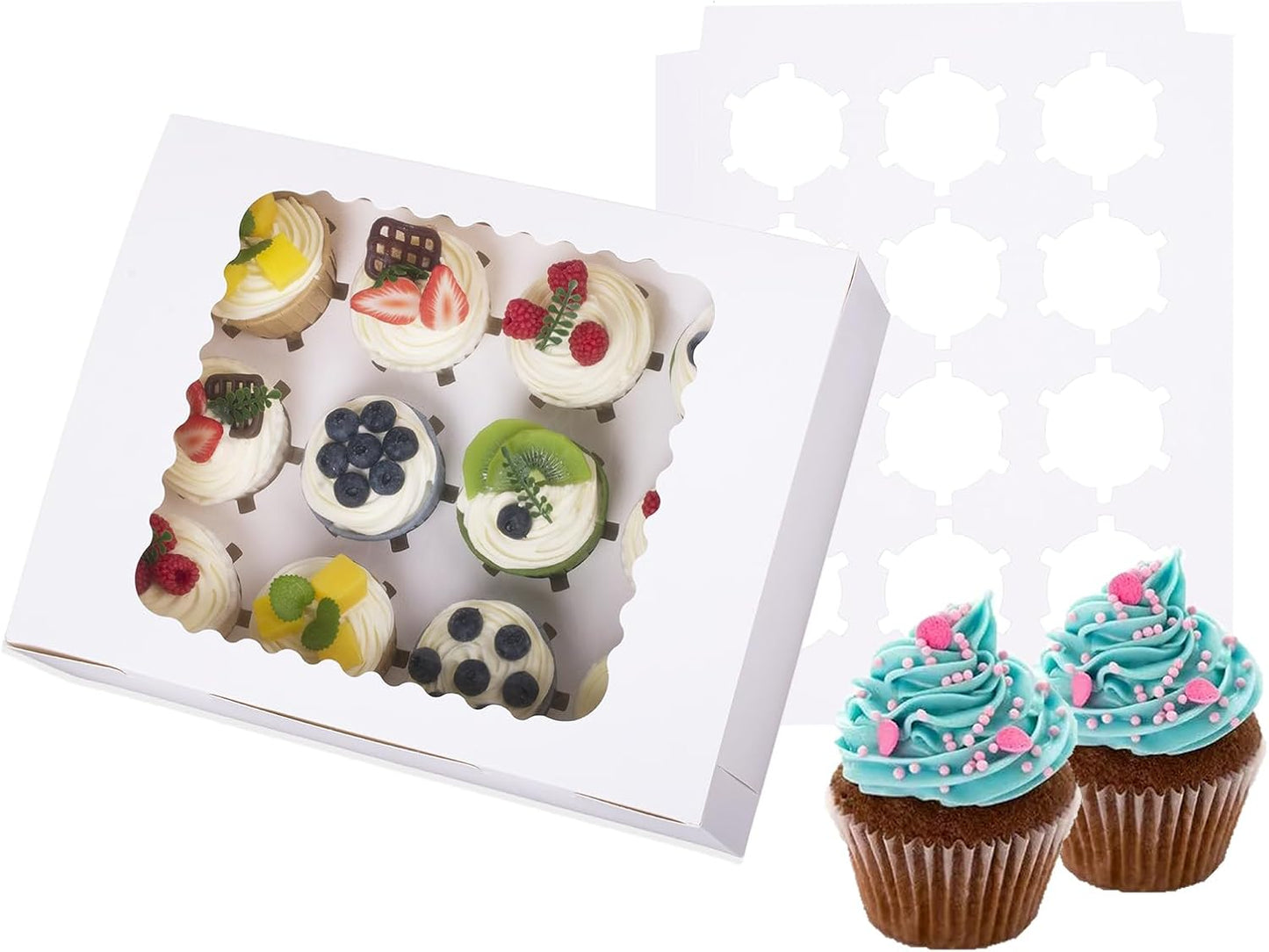 12-Set Cupcake Boxes Hold 12 Standard Cupcakes, Food Grade Cupcake Holders Bakery Carrier Boxes with Windows and Inserts for Cupcakes, Muffins and Pastries (White-12 Pack)