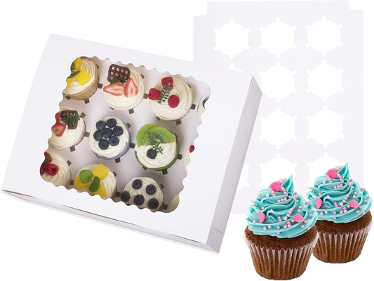 12-Set Cupcake Boxes Hold 12 Standard Cupcakes, Food Grade Cupcake Holders Bakery Carrier Boxes with Windows and Inserts for Cupcakes, Muffins and Pastries (White-12 Pack)