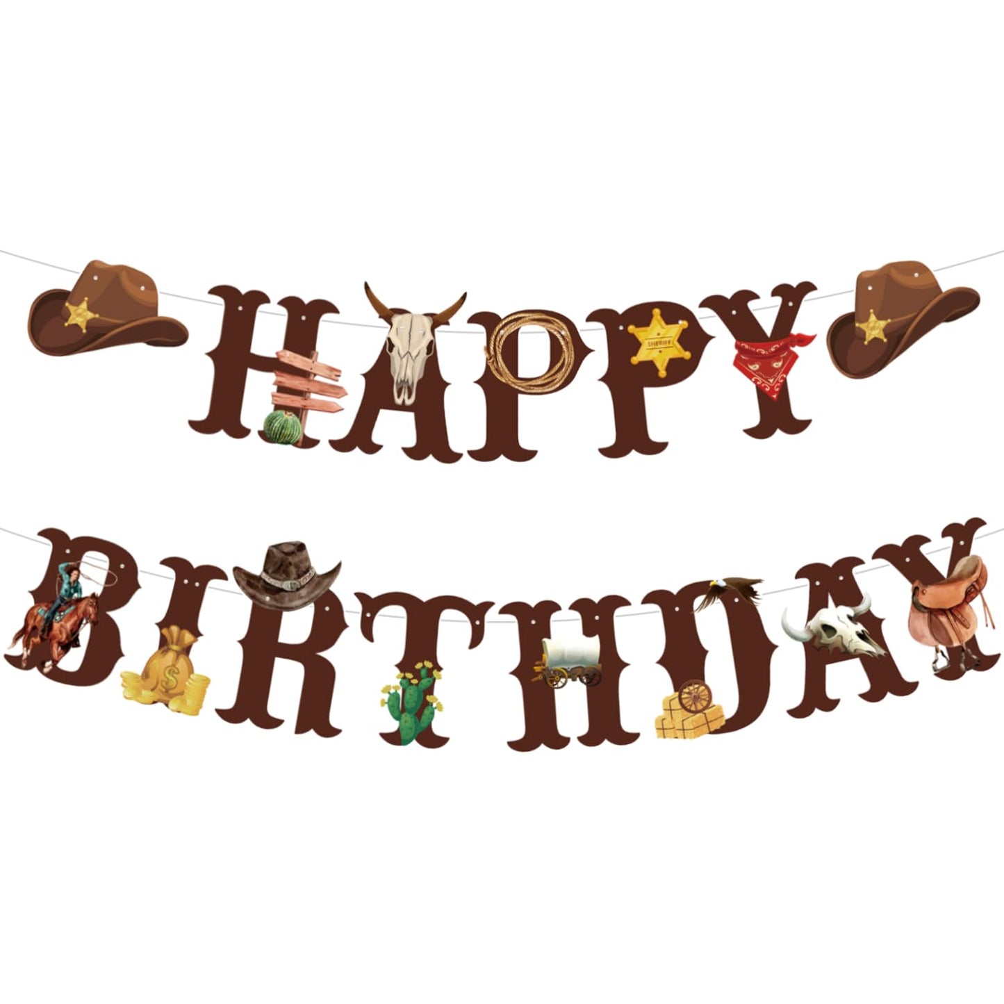 Western Cowboy Theme Wild West Party Decoration,Pre-Strung Happy Birthday Banner,Retro Horse Rodeo